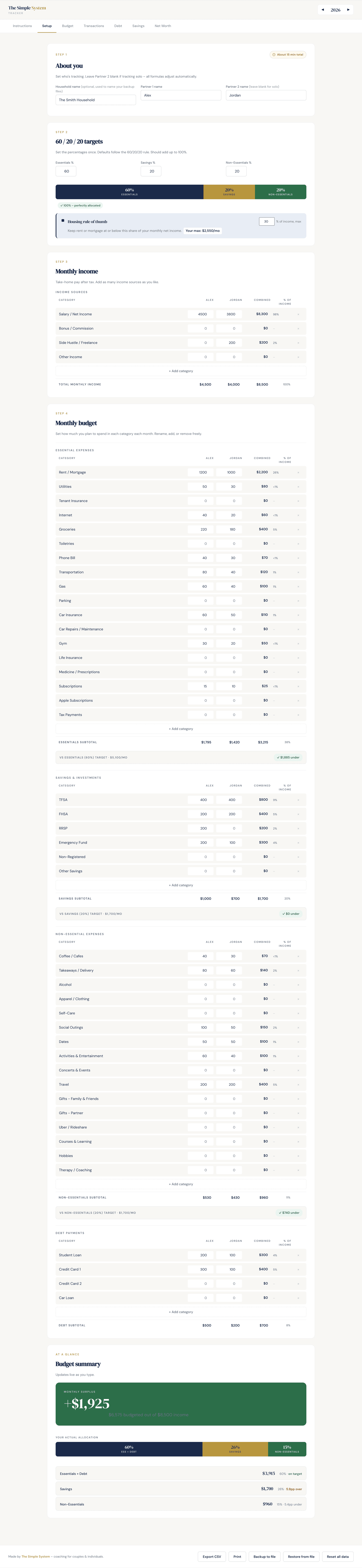 Setup tab — partner names, 60/20/20 targets, monthly budget